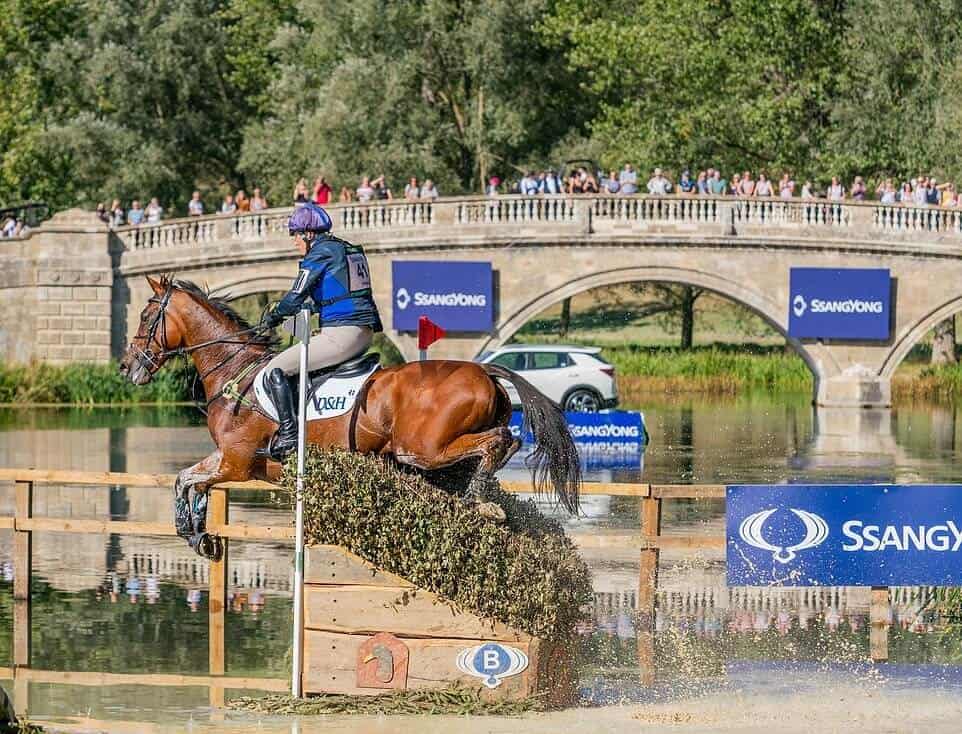 Horse jumping with floating modular pontoon in the distance with a car on top